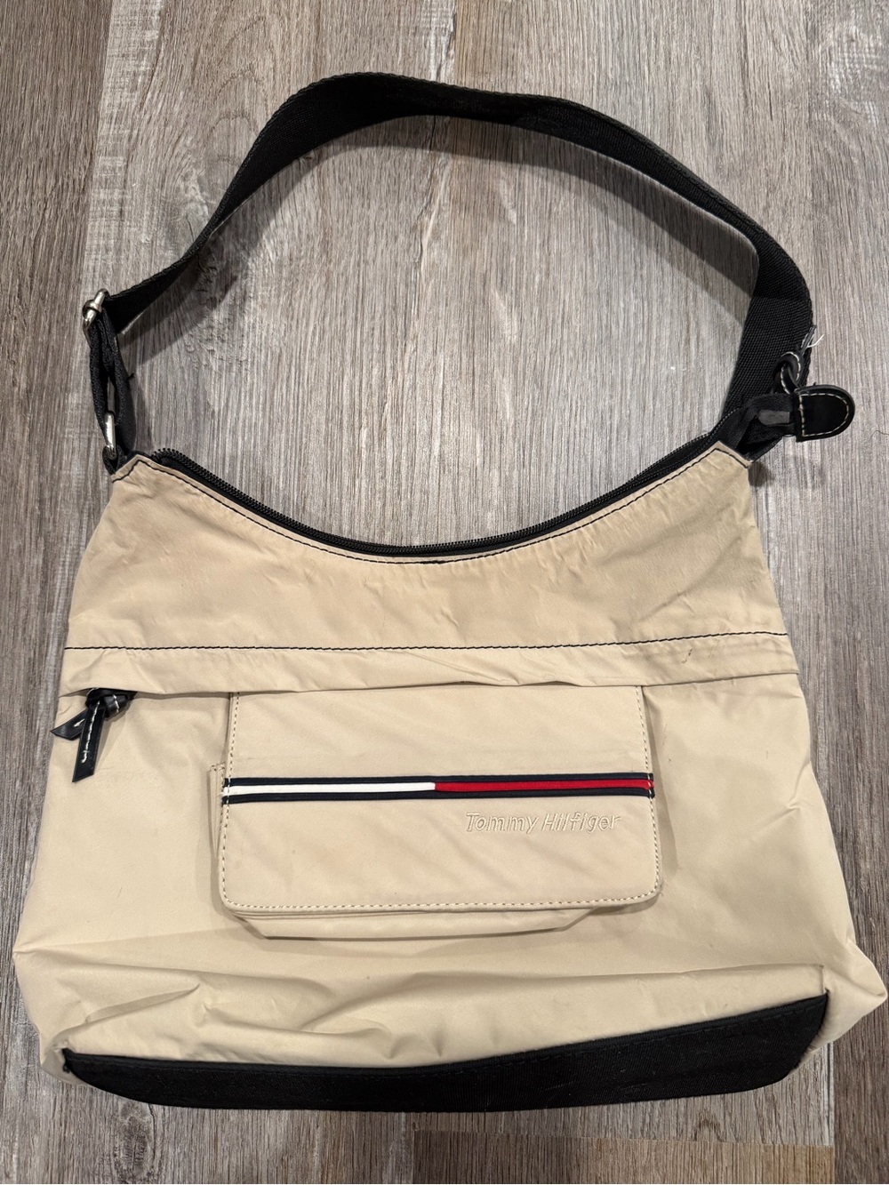Y2K Tommy Hilfiger Beige Shoulder Bag with Black Strap